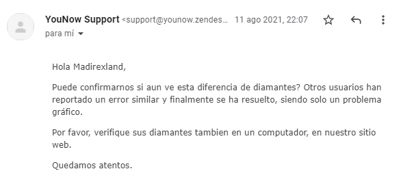 Hola Madirexland,
Puede confirmarnos si aun ve esta diferencia de diamantes? Otros usuarios han reportado un error similar y finalmente se ha resuelto, siendo solo un problema gráfico.
Por favor, verifique sus diamantes tambien en un computador, en nuestro sitio web.
Quedamos atentos.