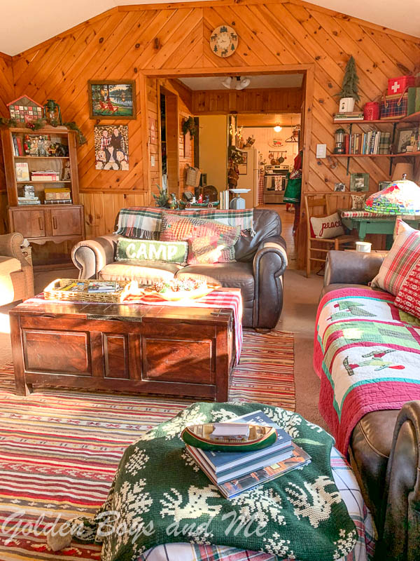 Rustic family room in Adirondack cabin - www.goldenboysandme.com