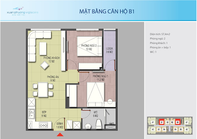 Căn hộ B1 diện tích 57,4 m Xuân Phương