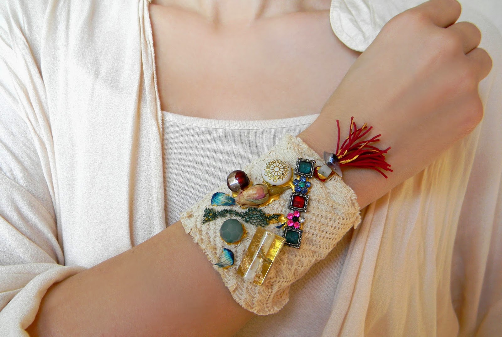 Eco chic Textile Bracelet, Gypsy Bohemian Linen Brocade Cuff with Beads and Red Fringe