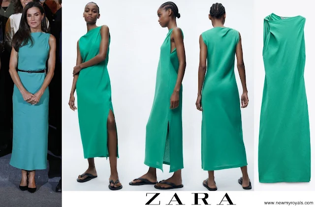 Queen Letizia wore Zara gathered linen and viscose blend sleeveless midi dress