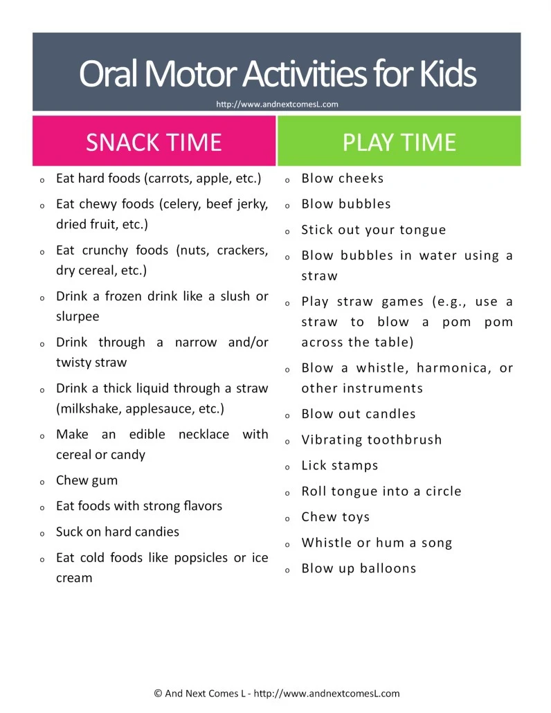 Free printable list of oral motor activities for kids who have sensory processing disorder and/or autism from And Next Comes L