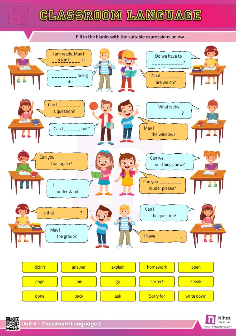 Practise English Vocabulary.  An elegant worksheet about classroom language in English.    #download# Click here to download a worksheet about classroom language in English in printable PDF format.    Search this site to find more about classroom language in English.