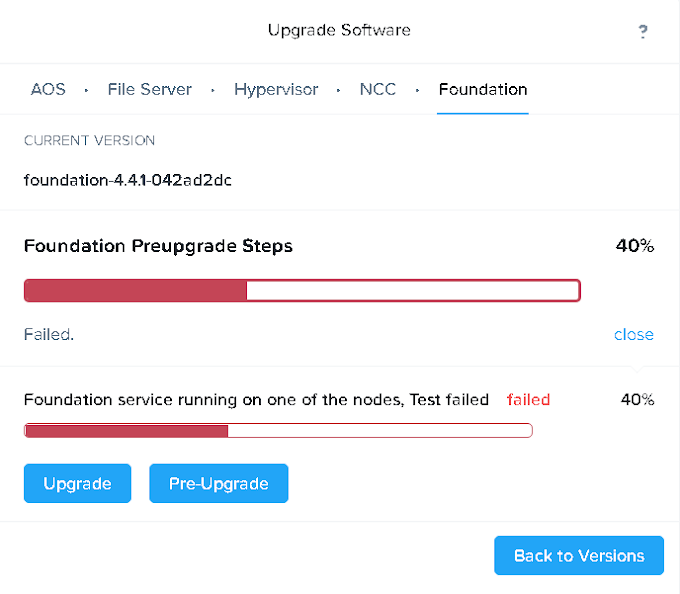 Nutanix - Foundation upgrade failed with services running on one of the node
