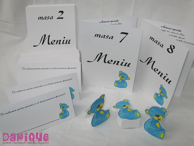 meniu, placecard, cutii marturii pentru botez, cu ursuleti bleu