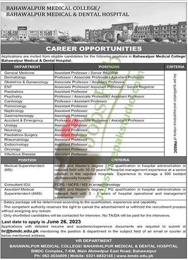Medical & Dental Hospital Bahawalpur Jobs 2023 [Apply Online]