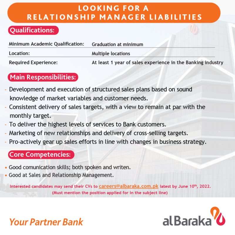 Al Baraka Bank (Pakistan) Limited  Jobs for Relationship Manager- Liabilities