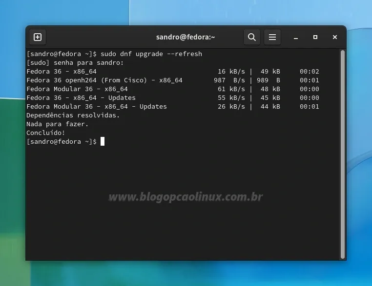Instalando todas as atualizações disponíveis para o Fedora 36