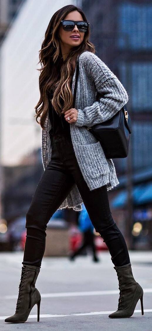 how to style a grey knit cardi : bag + black skinnies + top + boots