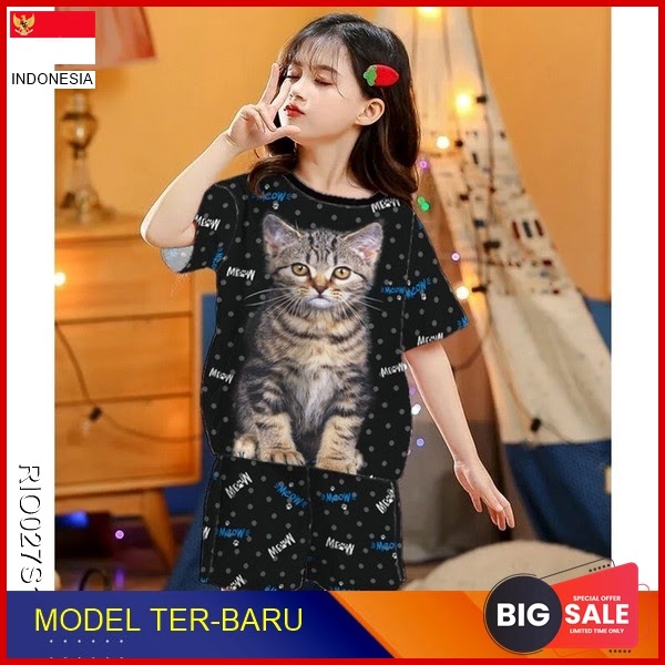 RIO027S129 Setelan Baju Anak Print Wanita Kucing Setelan BMGShop