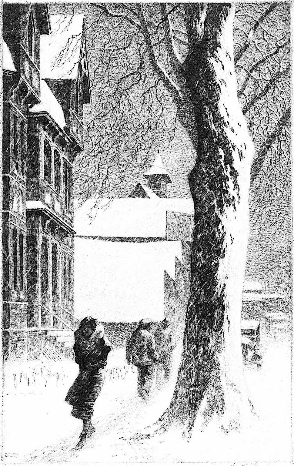 a Martin Lewis print of people walking in an urban snow storm