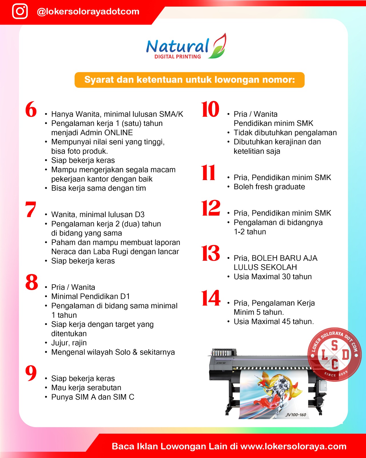 Loker Operator Pabrik Plastik, Teknisi Mesin Plastik Injection, dll di Natural Digital Printing Solo & Jakarta