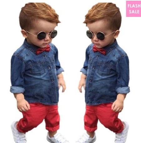 Denim T-Shirt Bowknot Ornament Red Pants Sets (age 1-7 years old)– price:US$ 14.76
