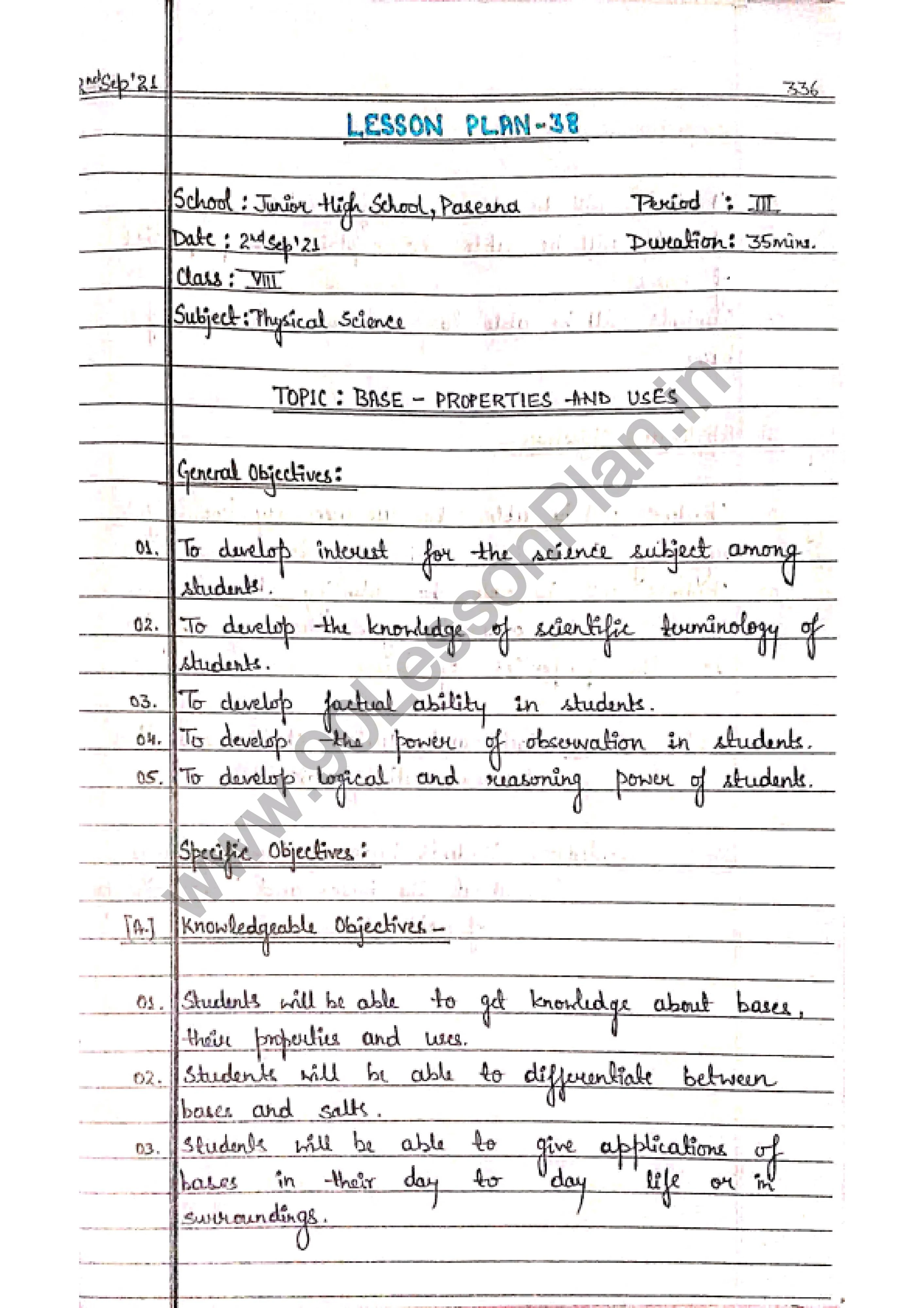 B.Ed Science (Physics & Chemistry) Lesson Plan in English on -Properties of Base