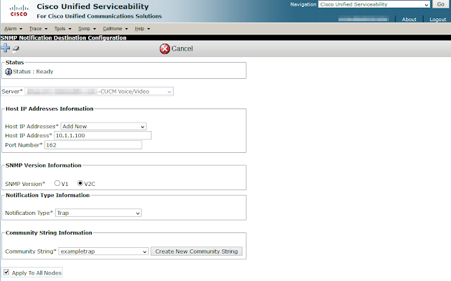 A screenshot of a trap destination being added through the Cisco Unified Serviceability graphical interface.