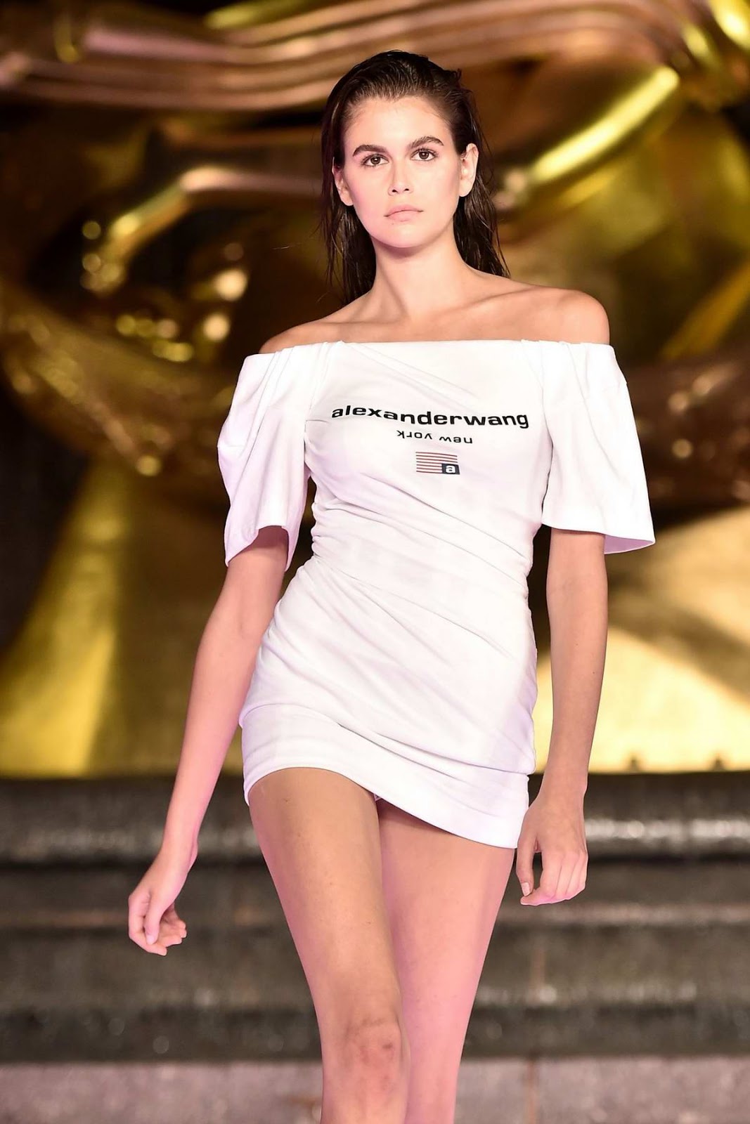 Kaia Gerber walks the runway during the Alexander Wang Collection 1 Fashion Show at Rockefeller Center in New York City