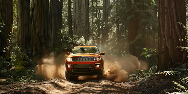 A 2012 Jeep Compass kicks up dust while navigating a forest path