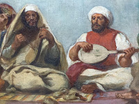 Eugène Delacroix's Jewish Wedding in Morocco painting reveals the details of two musicians with violin and orientalist guitar