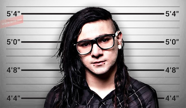 Skrillex posing in front of a height chart background