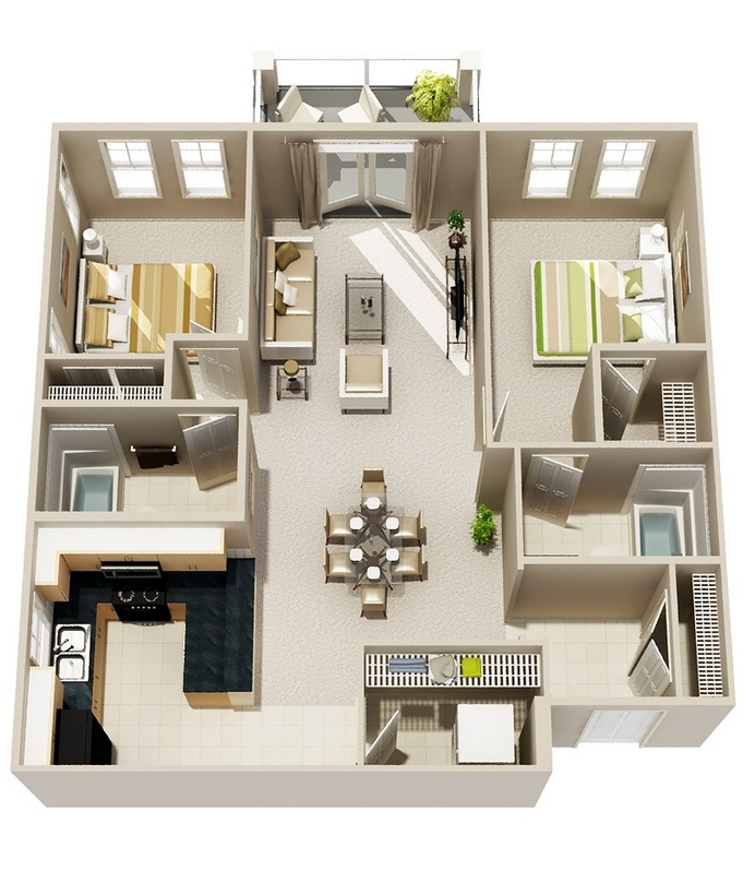 50 3D FLOOR PLANS, LAY-OUT DESIGNS FOR 2 BEDROOM HOUSE OR 