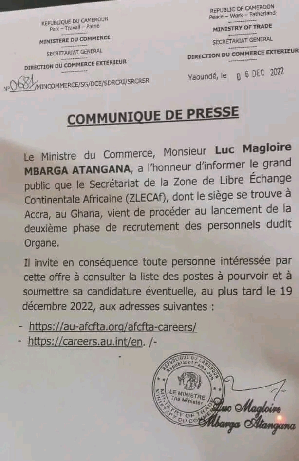 Recrutement du personnel de la Zone de Libre Echange Continentale Africaine (ZLECAf)

