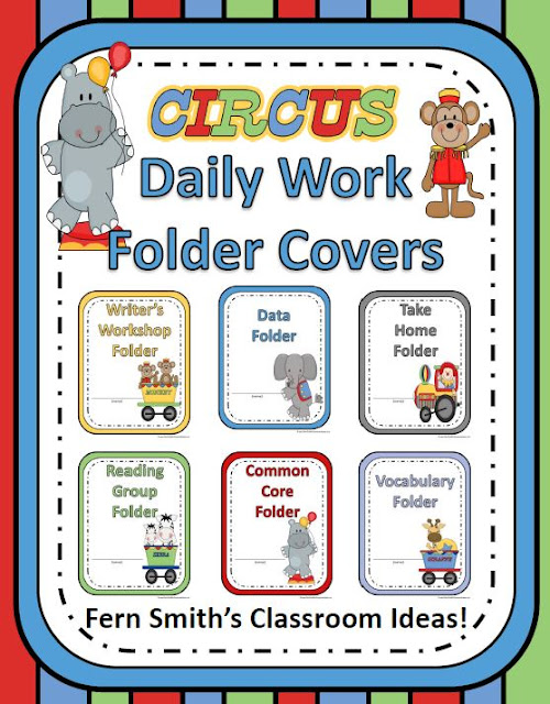 Do You Have a Circus Classroom Theme? Your students will love these daily work folder covers for their student binders and you will love how organized these folders make your classroom management easier! There are SIX different character / color schemes included in this download:  1. Zebra Circus Train with a Green Border. 2. Circus Elephant with a Bright Blue Border. 3. Monkey Circus Train with a Yellow Border. 4. Circus Hippo with a Red Border. 5. Giraffe Circus Train with a Light Blue Border. 6. Circus Train with a Clown Conductor with a Dark Gray Border. Fern Smith's Classroom Ideas at TeachersPayTeachers.