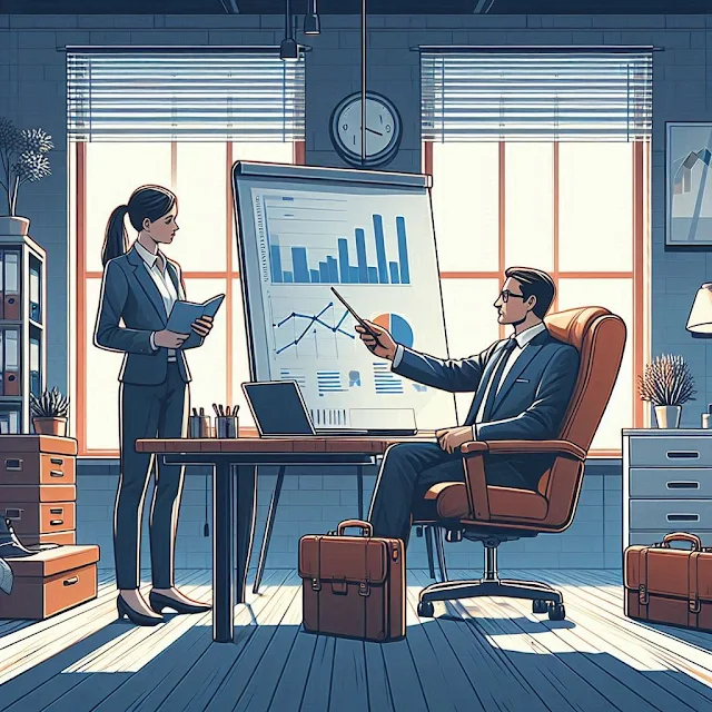 In a modern office, two professionals analyze charts forecasting movie success, guided by AI-driven insights—turning data into cinematic predictions.
