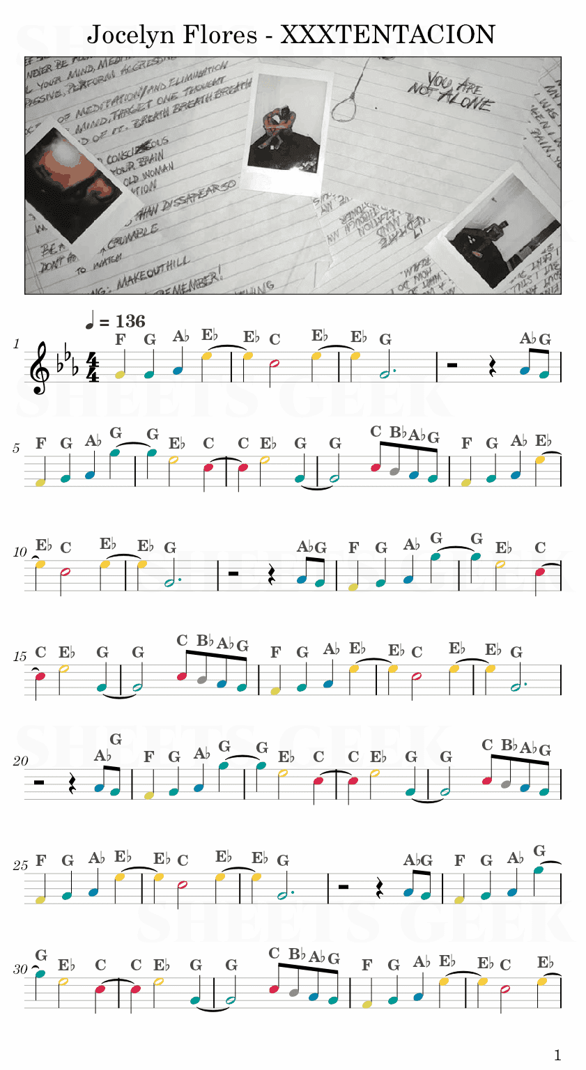 Jocelyn Flores - XXXTENTACION Easy Sheet Music Free for piano, keyboard, flute, violin, sax, cello page 1