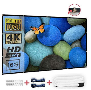 Projector Screen 120 inch - Portable Movie Screen 16:9 Outdoor Indoor Projection Screen with Hanging Ropes Hooks, Anti-Crease Front Rear View for Home Theater Cinema Video Film