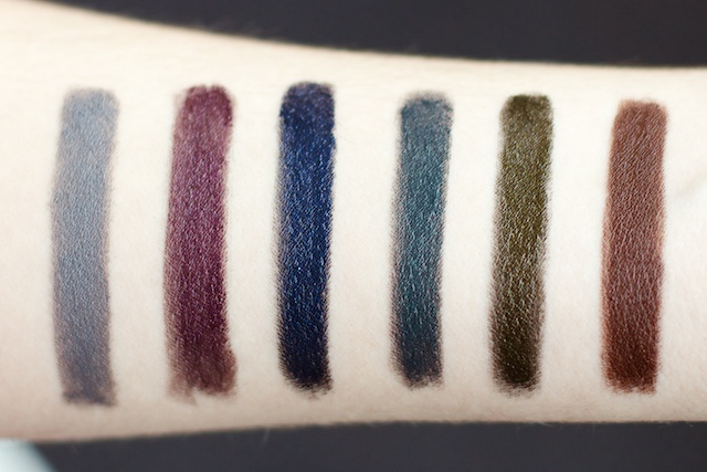 Portland Black Lipstick Company Swatches Pewter Cauldron, Artifical Amythest, Indigo Bridge, Blue Lagoon, Metallurgy Coffee, Black.