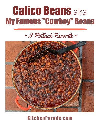 Calico Beans aka Alanna's Famous Cowboy Beans ♥ KitchenParade.com, a potluck favorite. High Protein. Slow Cooker Friendly. Great for Meal Prep.