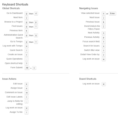 JIRA Keyboard Shortcuts (What is JIRA? It is a proprietary issue tracking product, developed by Atlassian. It provides bug tracking, issue tracking, and project management functions.)