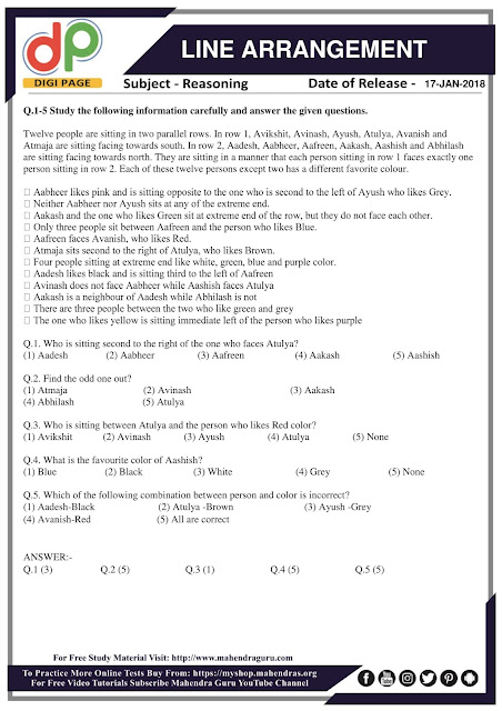 DP | Line Arrangement Questions For IBPS Clerk Mains | 17 - 01 - 2018