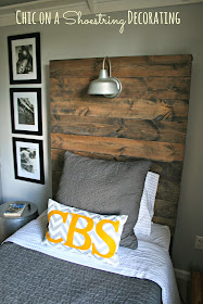 How to Build a Rustic, Wooden Headboard with an attached light fixture. Headboard Tutorial by Chic on a Shoestring Decorating.