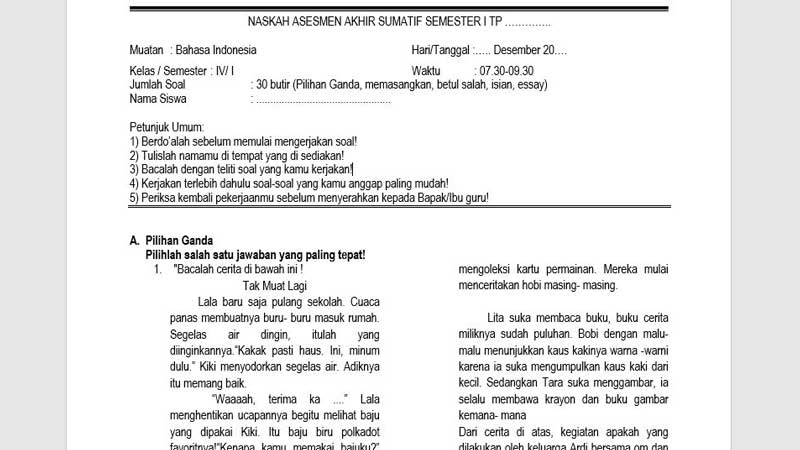 Soal Sumatif Akhir Semester 1 Kelas 4 Mapel Bahasa Indonesia