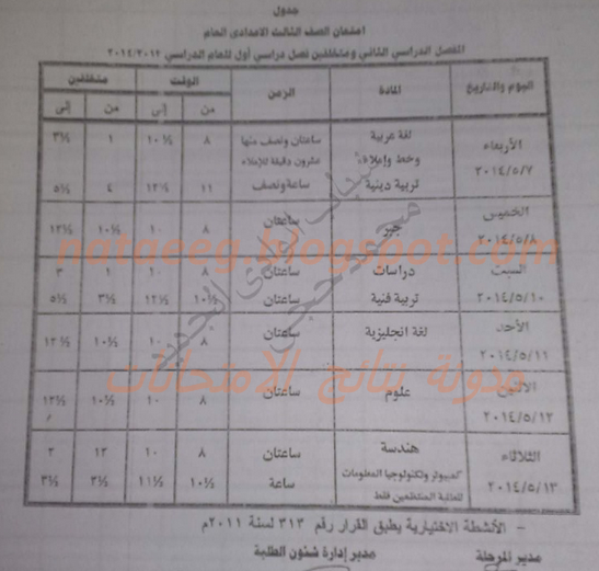 الان جدول امتحانات الشهاده الابتدائيه والاعداديه 2014 الترم الثانى ،محافظة الوادى الجديد