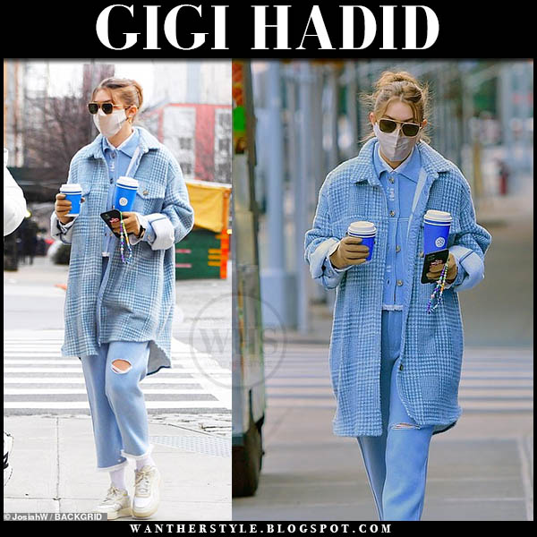 Gigi Hadid in blue check shirt jacket and blue trousers