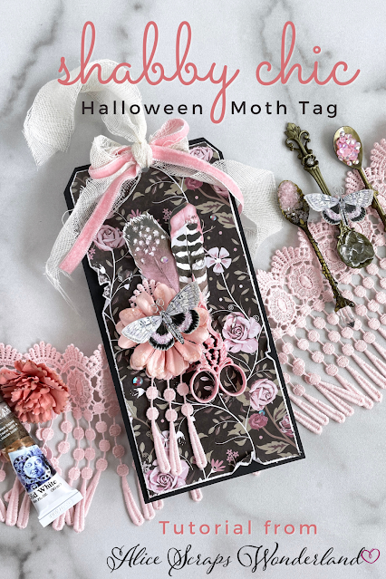 An exquisitely shabby chic moth Halloween tag featuring products from Reneabouquets, Prima Marketing and Tim Holtz.