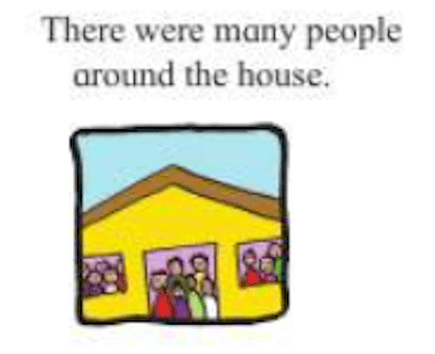 Change the meaning of the sentence by changing the preposition.  There were many people around the house.