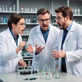 Three scientists fight in lab