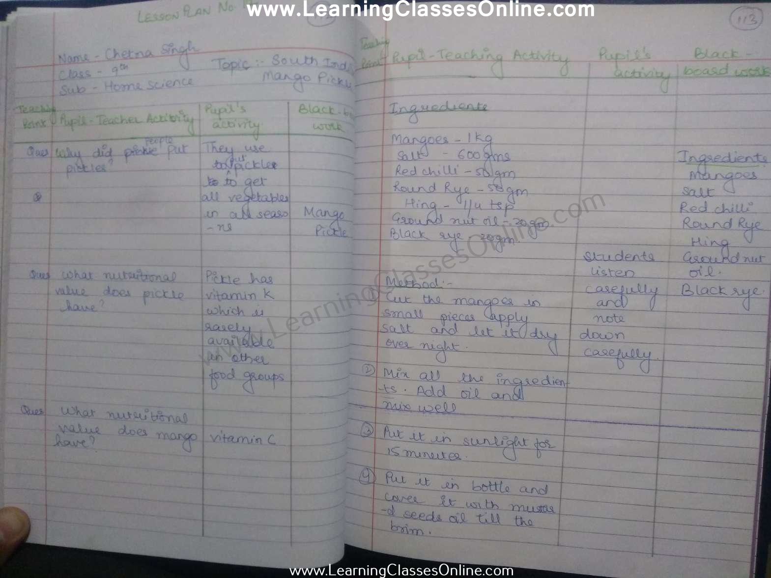 Mango Pickle Lesson Plan Class 10th in English Home Science Free download pdf