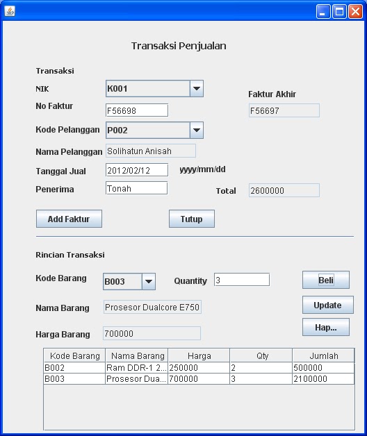 Contoh sistem penjualan menggunakan java Netbeans