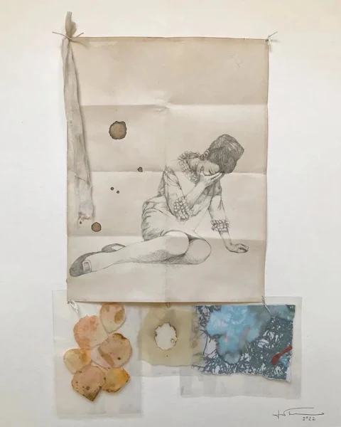 Dibujo de Ines Tolentino: Memorias de un dolor, 2, Lápiz,hilo, elementos plastificados, 20 x 16.25 pulgadas