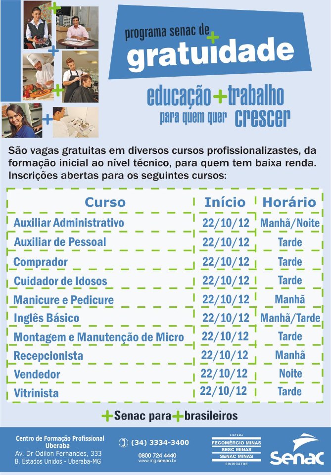 Cursos gratuitos no Senac de Uberaba