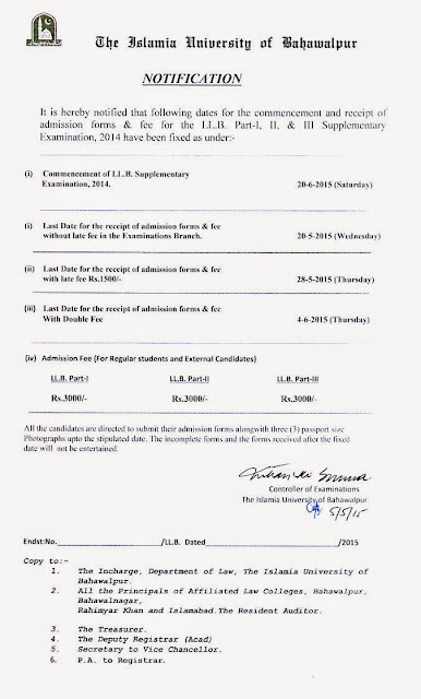 Examination Schedule LLB Part-I, Part-II and Part-III Supplementary Examination, 2014 of IUB