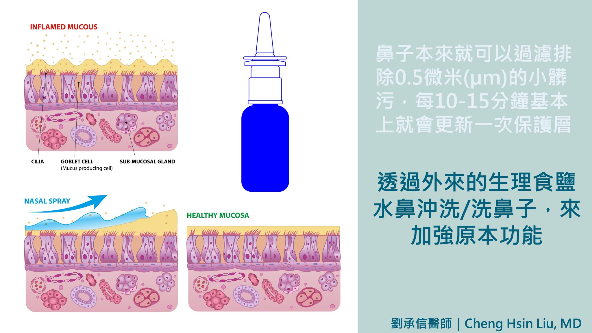 病毒感冒、過敏鼻炎、鼻竇發炎或是手術後的血塊分泌物，造成整個鼻黏膜清除效率降低，這時候就可以透過外來的生理食鹽水鼻沖洗/洗鼻子，來加強原本功能。