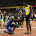 Justin Gatlin defeats Usain Bolt in the final solo race of his career and bows to him