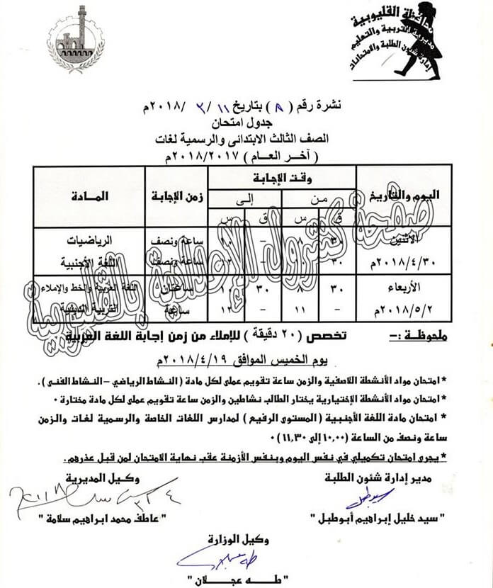 جدول امتحانات الصف الثالث الابتدائي 2018 الترم الثاني محافظة القليوبية