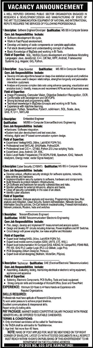 Public Sector Organization Rawalpindi Jobs 2020