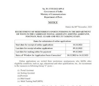 Recruitment of meritorious sports persons in the cadre of Postal Assistant, Sorting Assistant, Postman, Mail Guard and Multi Tasking Staff in the Department of Posts- reg.